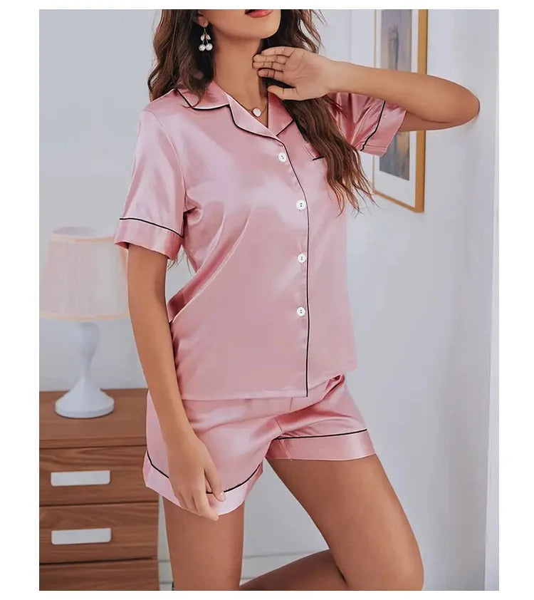 Women's Pajamas Set Satin Sleepwear Button Down Tops and Shorts Pajama 2 Piece Suit Pyjama Femme Nightwear Loungewear for Summer