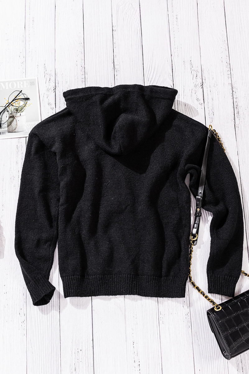 Black Kangaroo Pocket Button Lace Drawstring Hooded Pullover Sweater