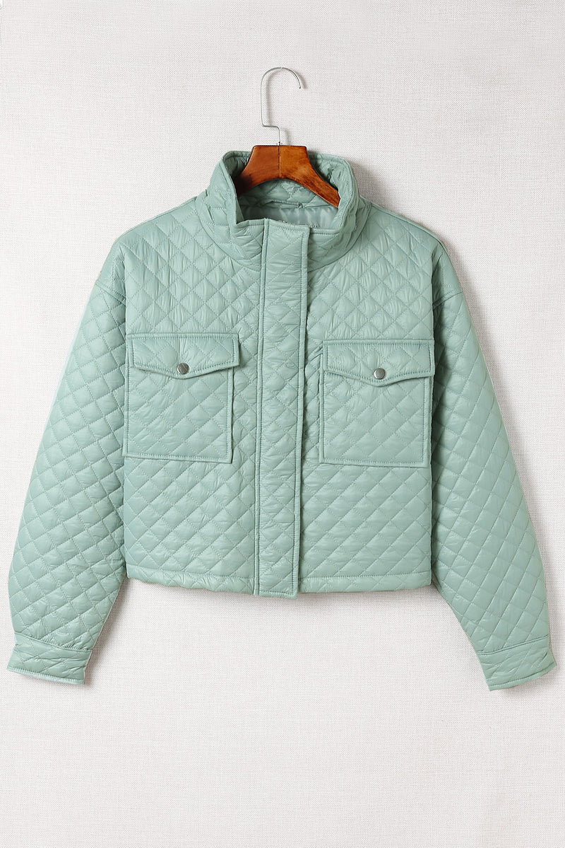 Gray Quilted Pocketed Zip-up Cropped Jacket