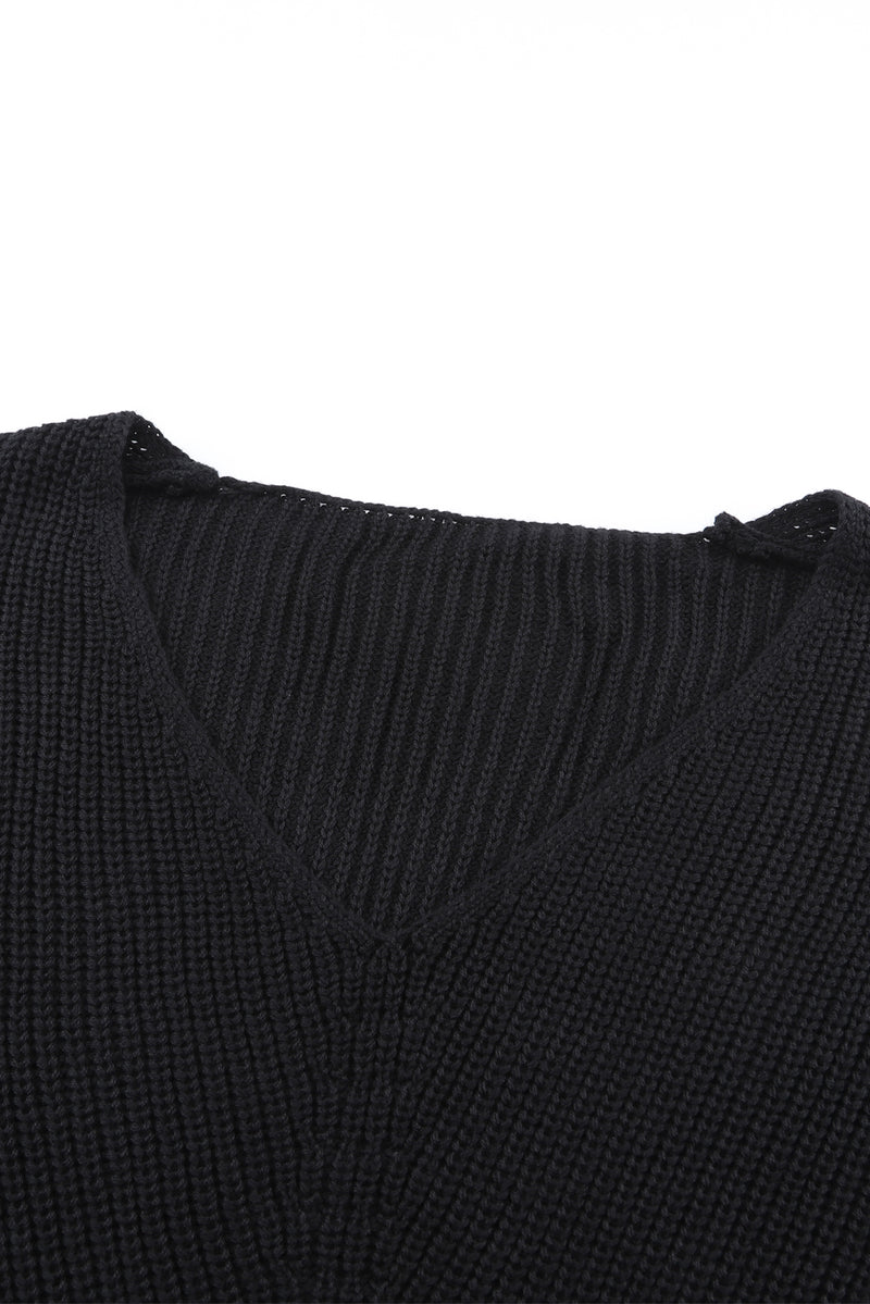 Black Ribbed Knit V Neck Sweater