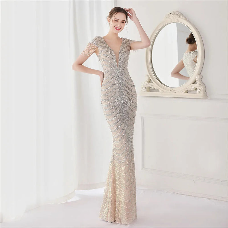 DEERVEADO Elegant V Neck Mermaid Evening Dress Long Luxury Beads Women Evening Party Dresses 2023 New Formal Dress 19085