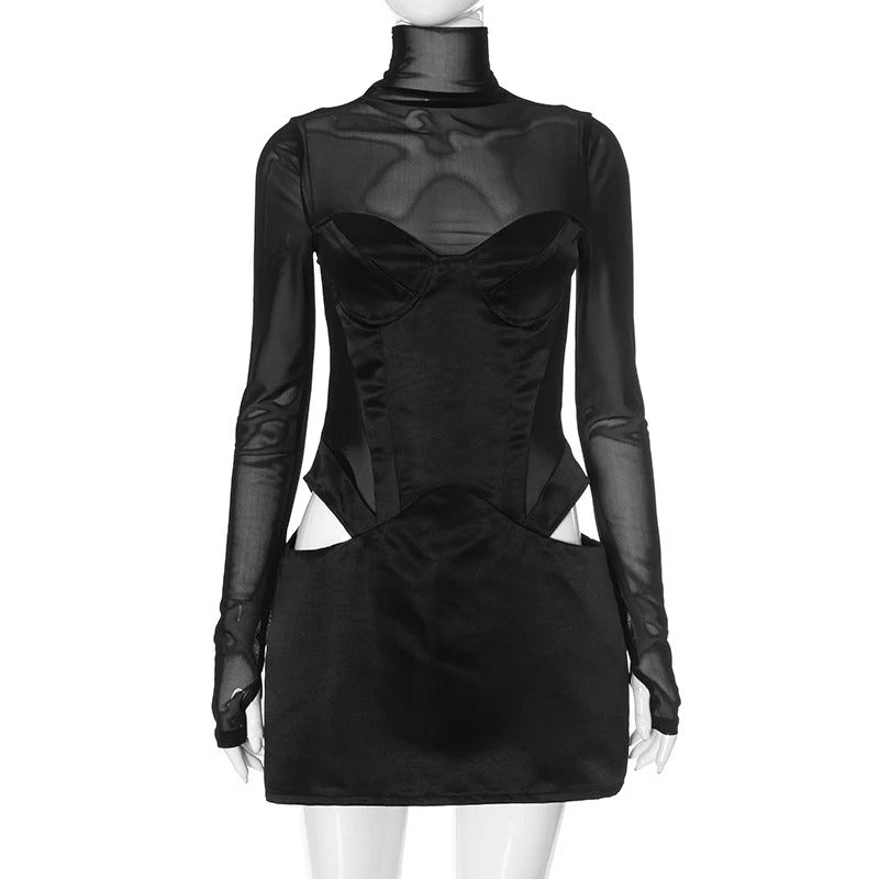 Sexy Mesh Turtleneck Long Sleeve Satin Cut Out Mini Dress Women Pullover Bodycon Short Club Evening Dresses Fashion Party Wear