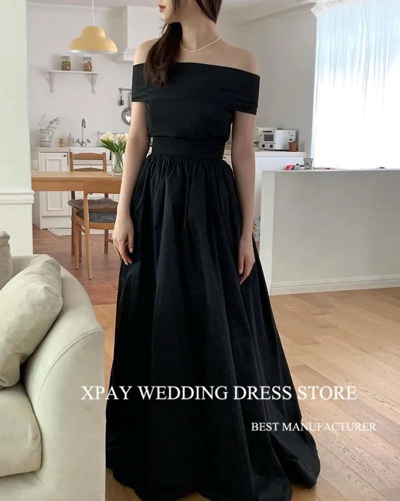 XPAY Black A Line Taffeta korea Evening Dresses Photo shoot Customised 4 Styles Short Sleeves Prom Gowns Wedding Party Lace Up