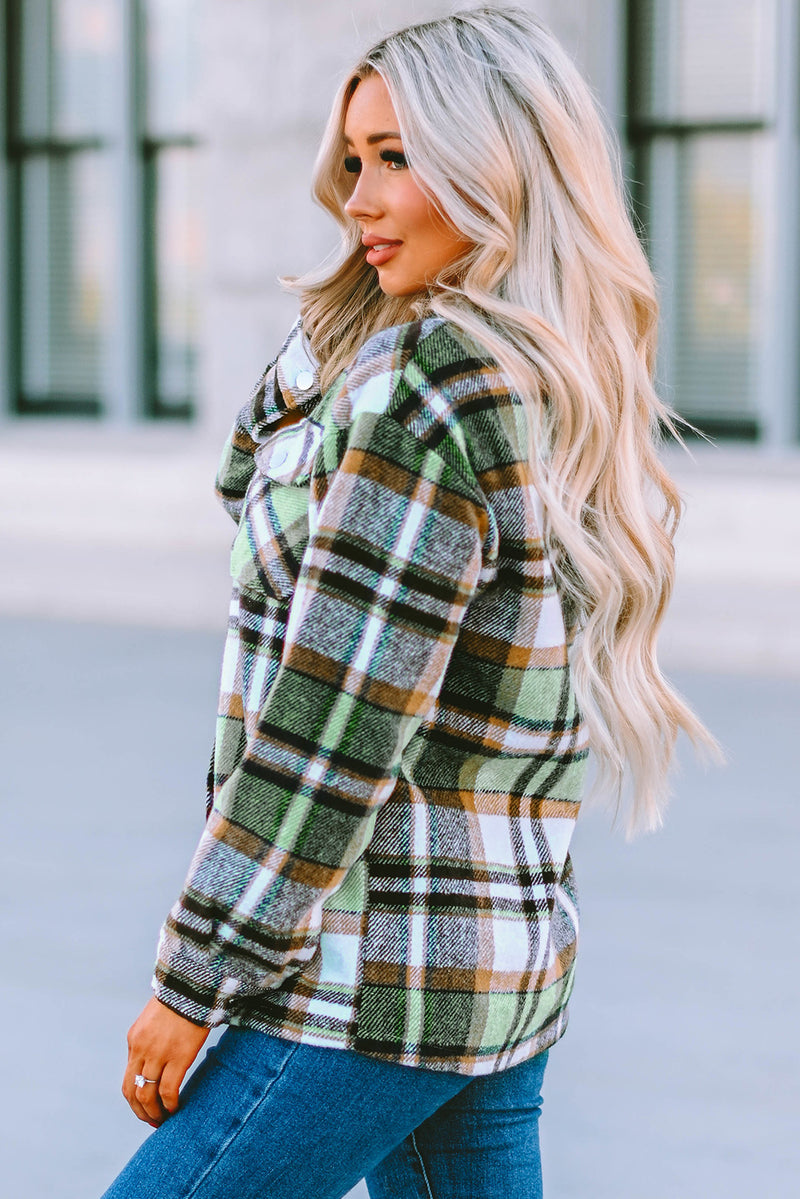 Blue Geometric Plaid Print Pocketed Shacket