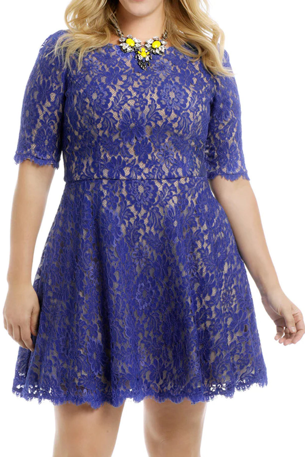 Blue Floral Lace Nude Illusion Plus Size Skater Dress