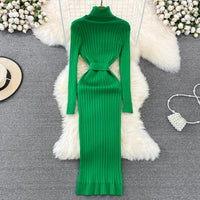 YuooMuoo Ins Hot Turtleneck Sexy Wrap Hips Knitted Dresses Women 2023 Autumn Winter Long Sleeve Bodycon Sweater Dress with Belt