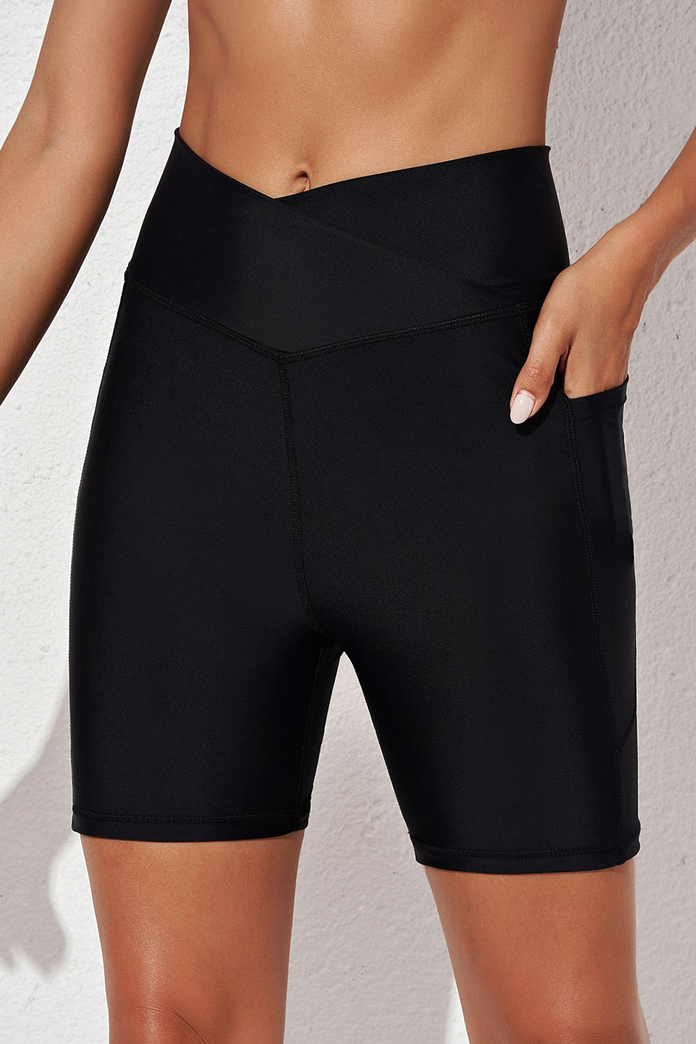 Black Crossed Waist Sporty Bermuda Bikini Shorts