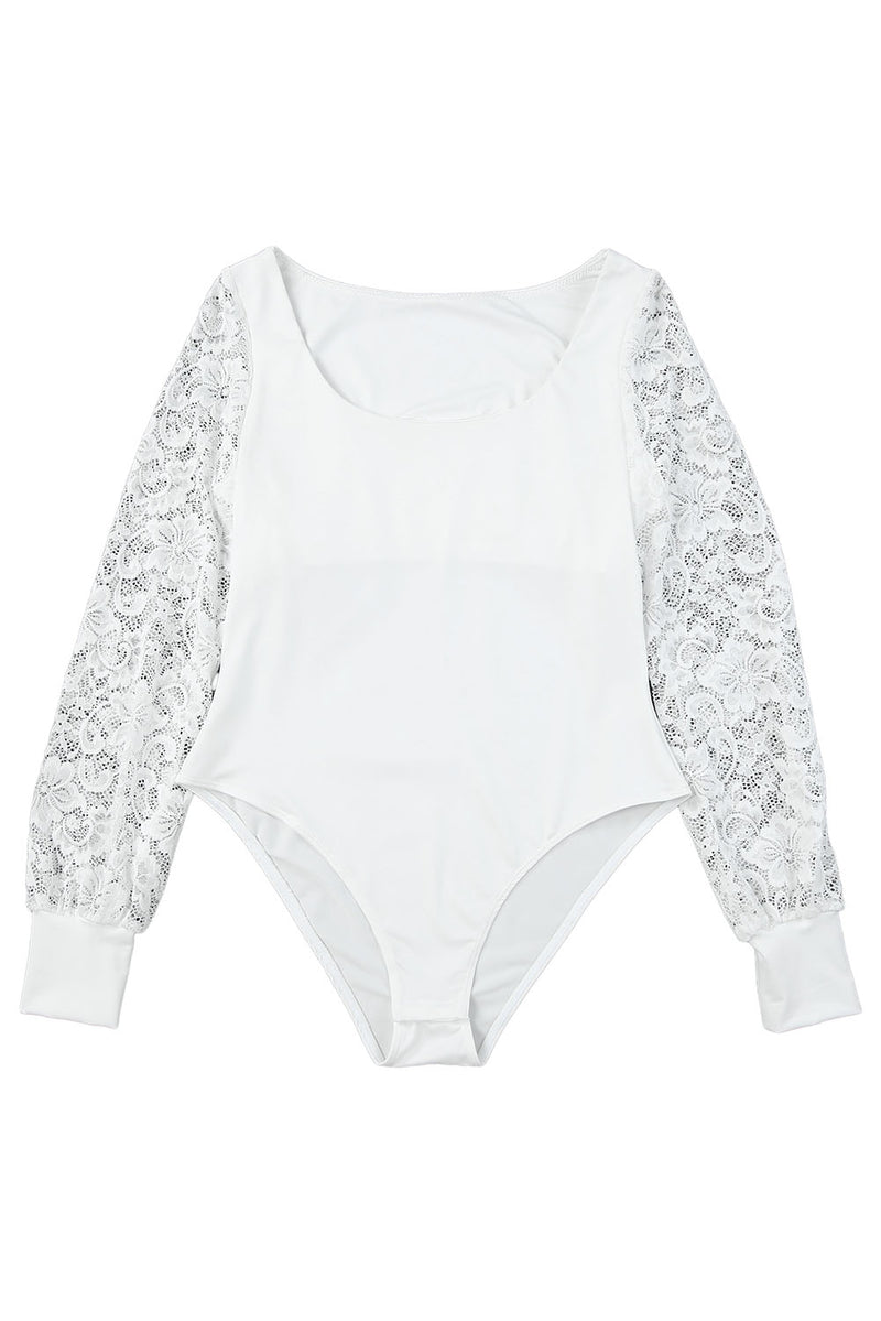 White Lace Sleeves Square Neck Bodysuit