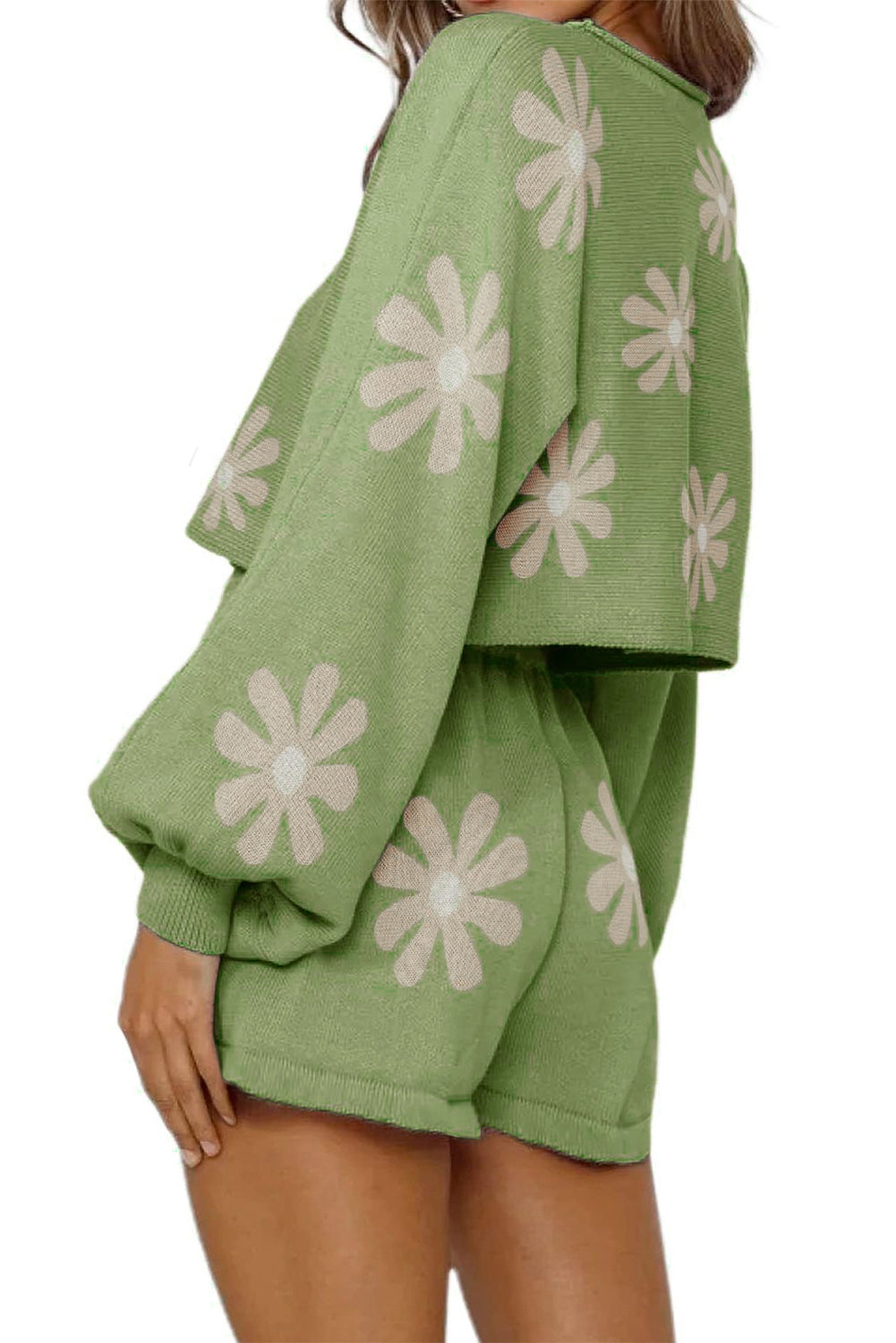 Green Flower Print Bubble Sleeve Knitted Sweater and Shorts Set