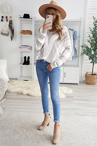 Gray Striped Colorblock V Neck Knitted Sweater