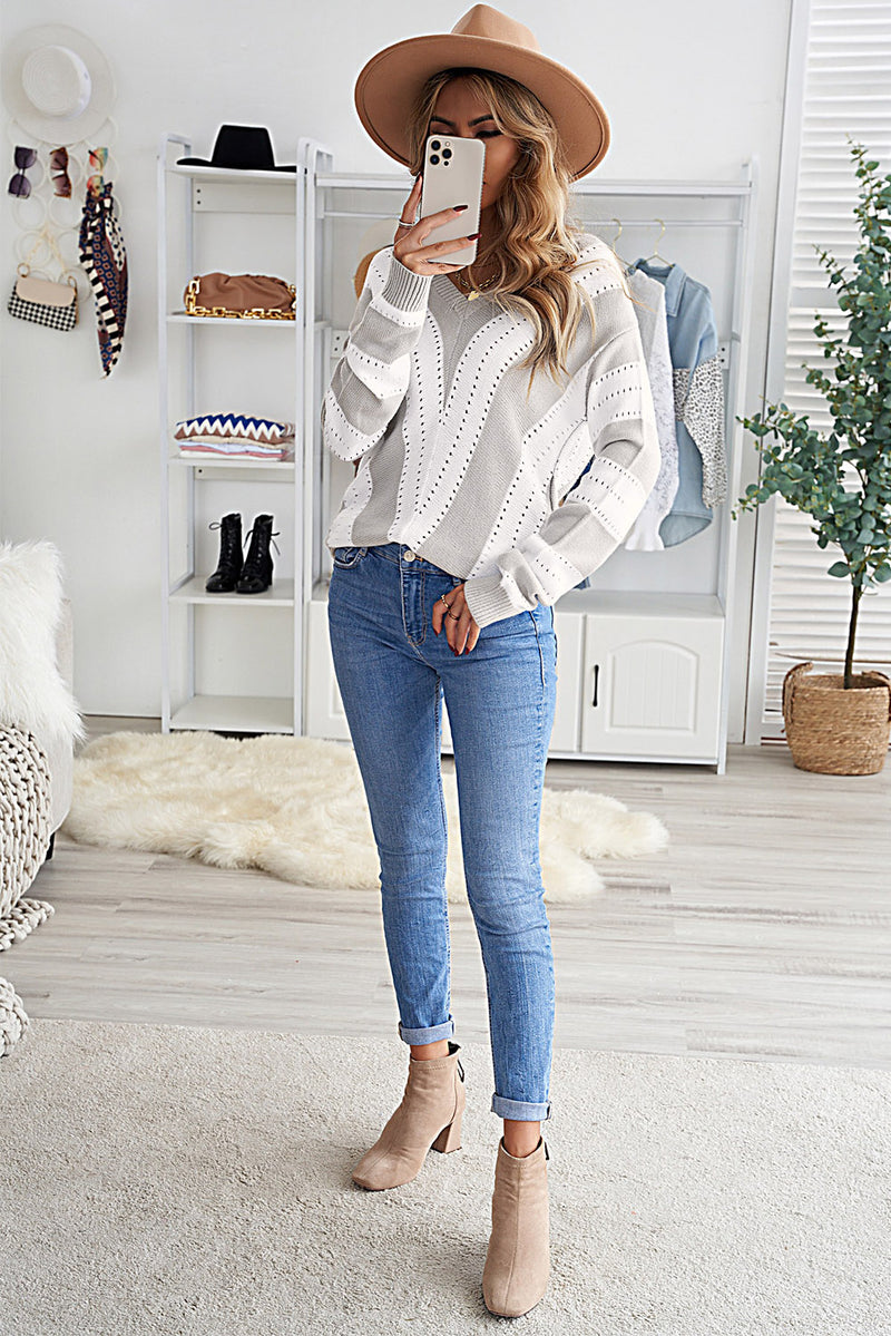 Gray Striped Colorblock V Neck Knitted Sweater