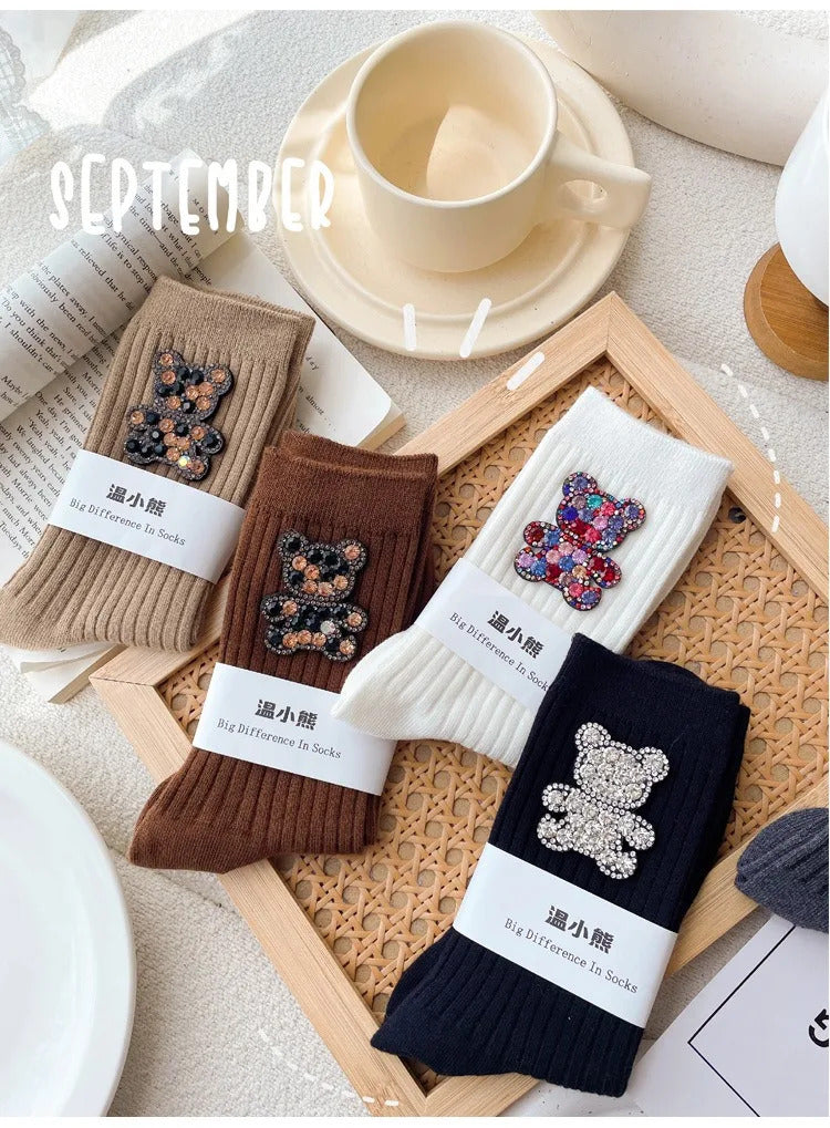 Diamond Cartoon Bear Decorative Socks, Fashionable Diamond Sparkling Women's Socks, Comfortable And Breathable Christmas Socks