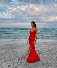 2024 Elegant Red Chiffon Slip Dresses for Women Sexy Spaghetti Strap Backless Lace-up Ruffles Long Maxi Evening Party Prom Dress