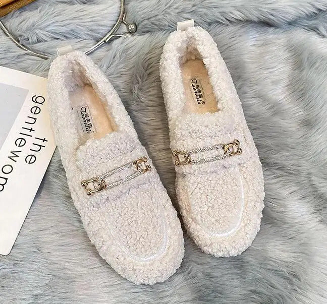 Luxury Sheep Fur Lined Loafers Women Lambswool Shoes Ladies Winter Slip On Furry Flats Cotton Wool Mocasine Femme Barefoot Boots