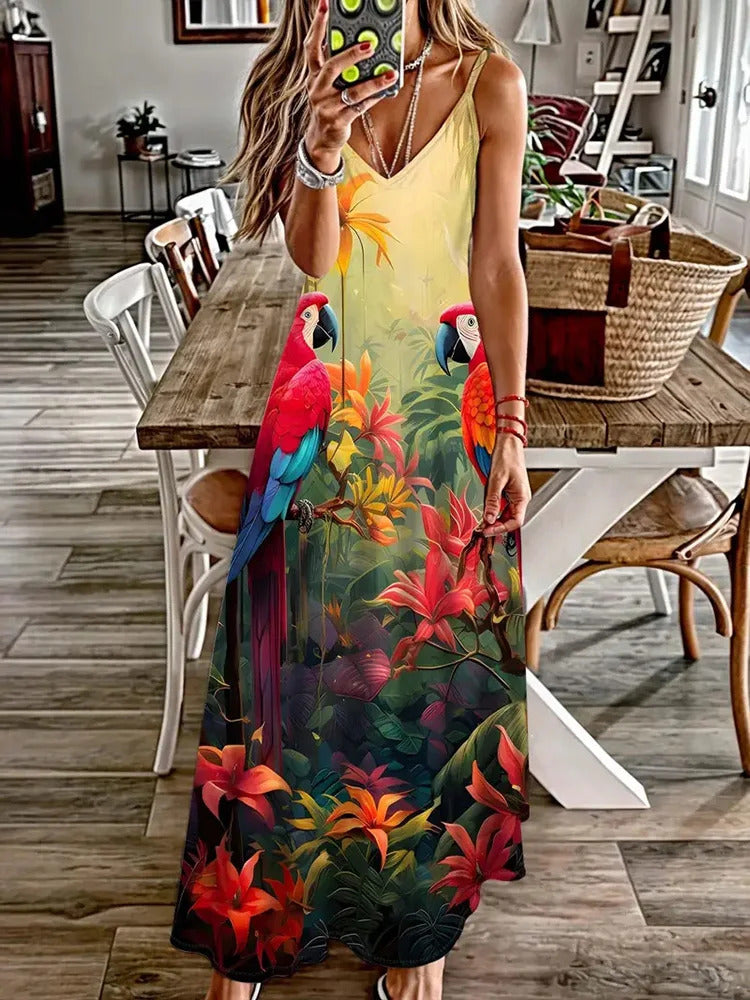 Hawaiian Vacation Travel Sexy V-neck Suspender Flower Dress Fresh Small Floral Street Fashion Sexy Party Dinner Evening Dress