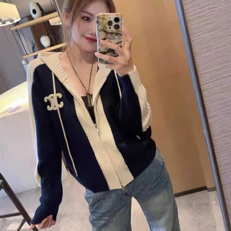 Women's Clothing Casual Elastic Slim Hooded Zipper Knitted Cardigan Autumn Winter Fashion Patchwork Wool Thick Commute Sweaters