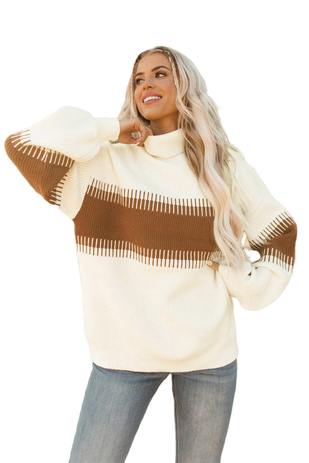 White Printed Patchwork Turtle Neck Knitted Sweater