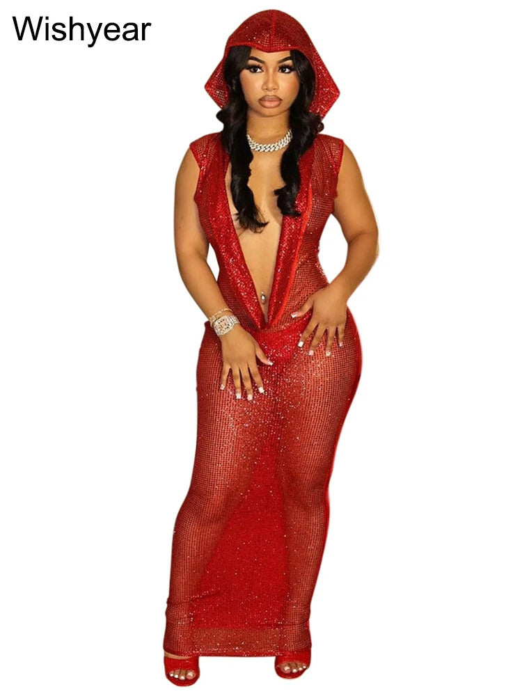 New Luxury Birthday Red Hooded Dress for Women Sexy Deep V Neck Sequins Glitter Mesh See Through Back Open Sparkly Evening Robe