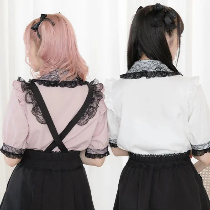 Gothic Lolita Blouses Women Sweet Bow Off Shoulder JK Shirt Japanese Girls Elegant Love Heart Lace Ruffles Blusas Mujer Tops