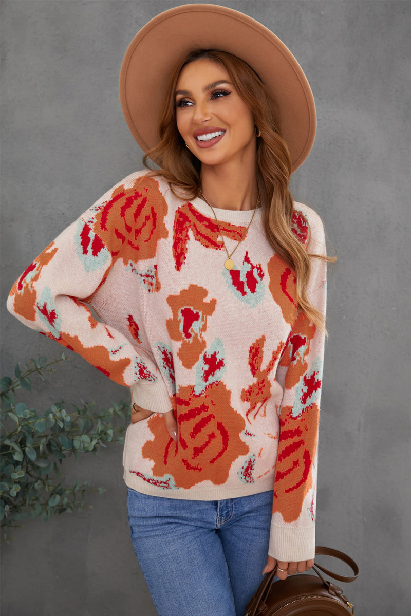 Floral Pattern Drop Shoulder Crew Neck Sweater