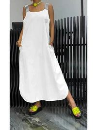 Summer Fashion Solid Cotton Linen Dresses Women Sexy Square Neck Sleeveless Suspender Slit Long Dress Casual Loose Dress Woman