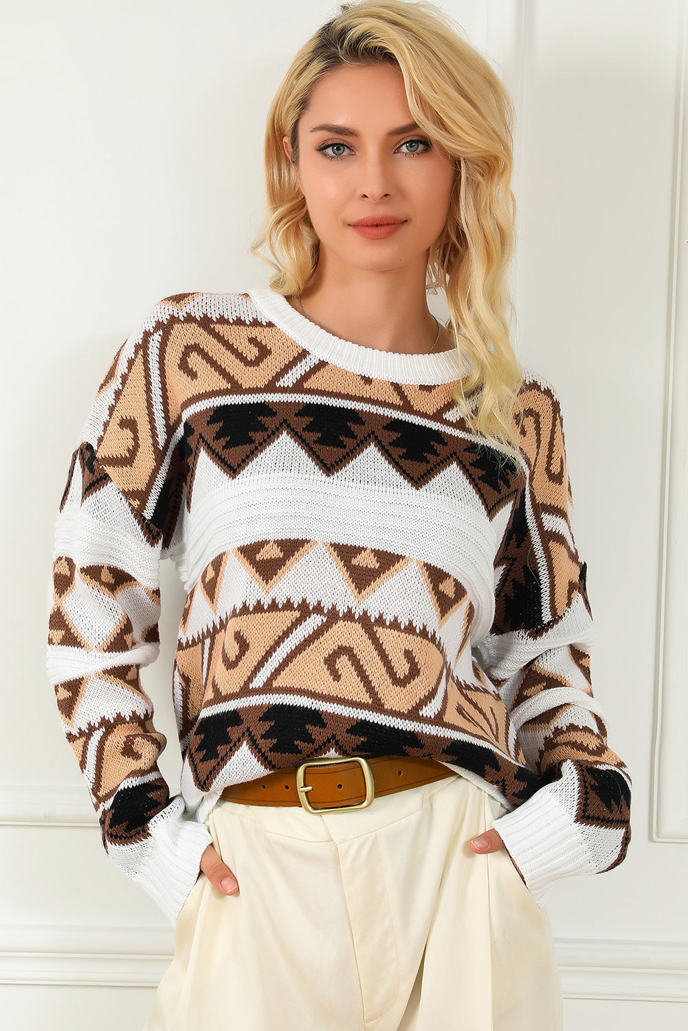 Multicolor Geometric Print Crew Neck Drop Shoulder Sweater