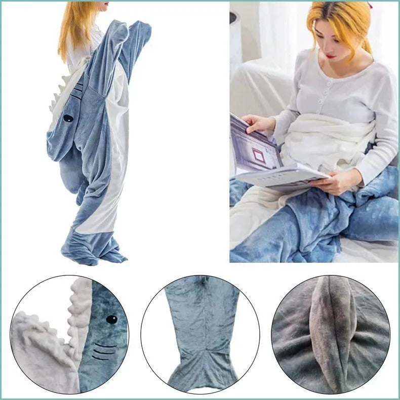 Thickened Warm Winter Shark One-Piece Pajamas Cartoon Animal Sleeping Bag Flannel Loungewear Men and Women Sleepwear Homewear