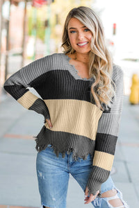 Gray Colorblock Distressed Sweater