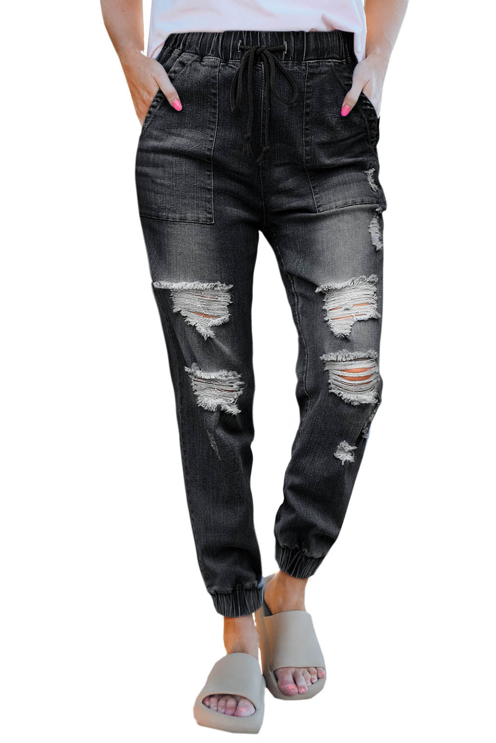 Black Pocketed Distressed Denim Jean