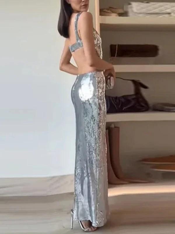 Sexy Sling Backless Silvery Maxi Dress For Women 2024 Fashion High Waist Bodycon Sleeveless Robes Female Evening Party Vestidos