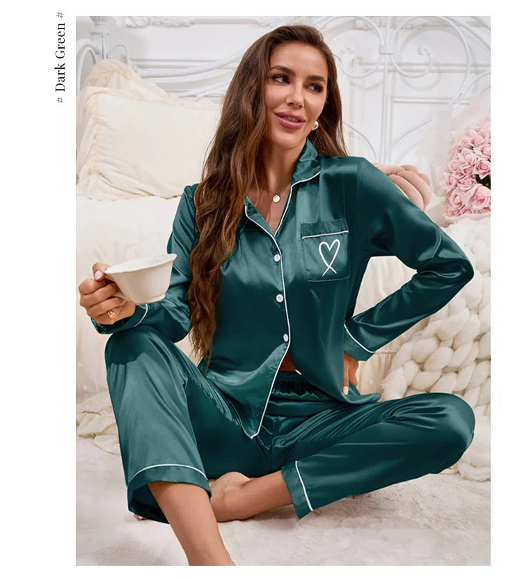 Autumn Satin Pajama for Women Heart-shaped Embroidery Sleepwear & Loungewear Long Sleeve Top & Pants Home Clothes Pyjama 2 Piece