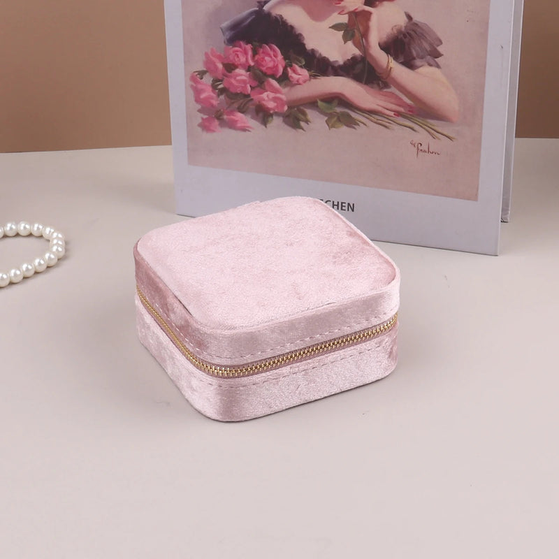 Velvet Jewelry Box For Women Geometric Sqaure Jewelry Storage Case Necklace Ring Earrings Travel Portable Zipper Boxes