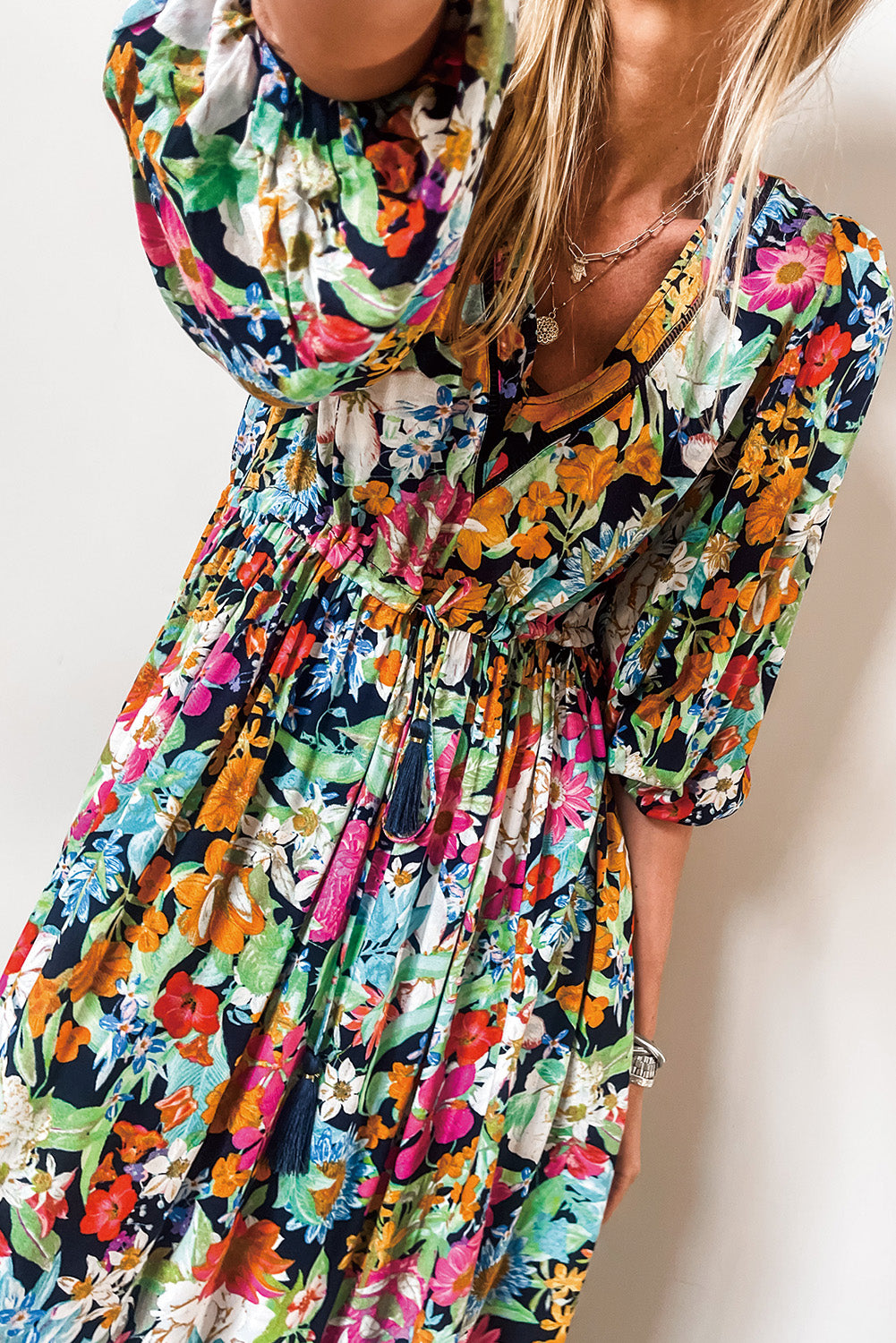 Green Floral Puff Sleeve V Neck Tassel Drawstring Dress