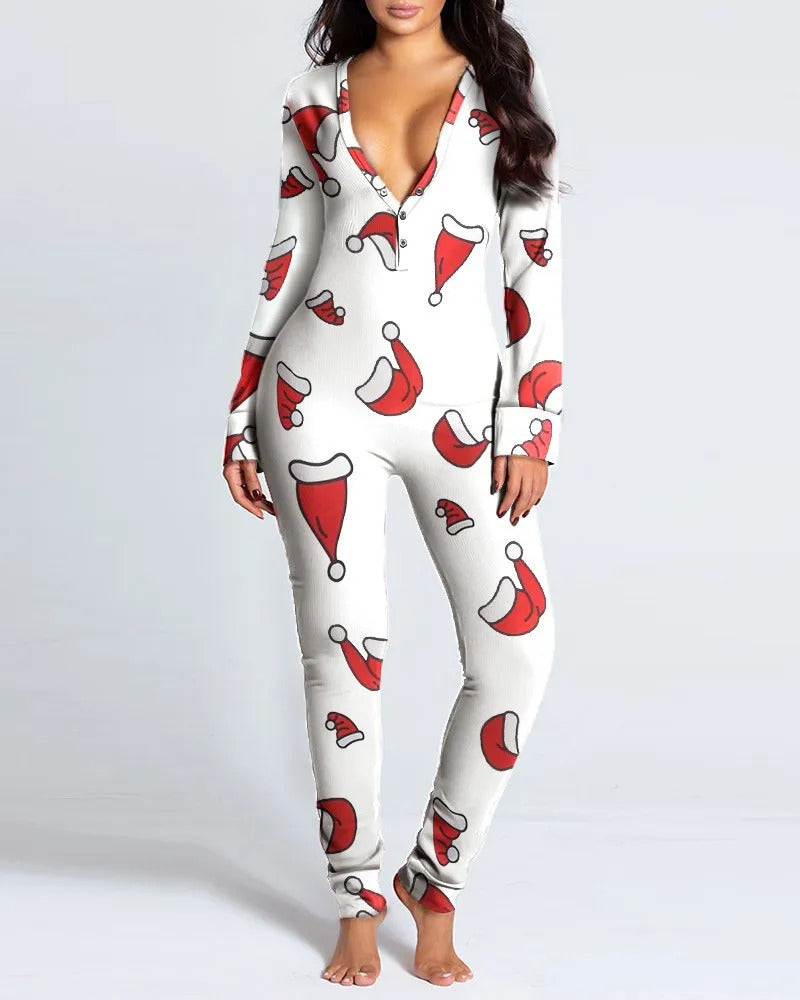 Sexy Pyjama Women's Jumpsuit Suit Button-down Front Back Butt Bum open Ass Flap Jumpsuit Loungewear Christmas Print Buttoned