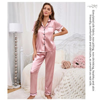 Women's Pajamas Sets Autumn Short Sleeve Buttons Top & Pants Sleepwear 2 Piece Button-Down Pj Set Homewear Satin Loungewear