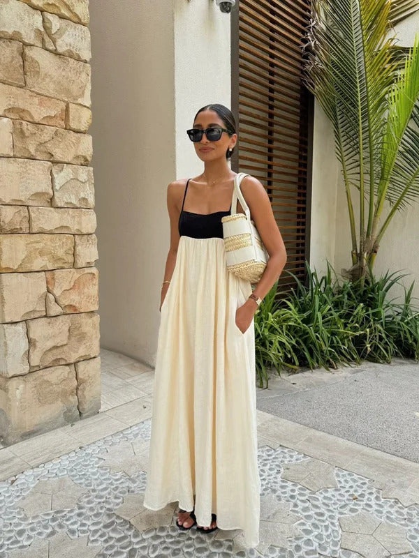 Fashion Contrasting Color Hollow Out Sling Maxi Dress Women Sexy Sleeveless Backless Loose Dresses 2024 Lady Casual Streetwear