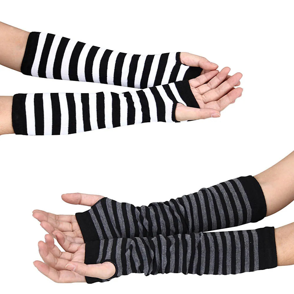 Winter Fashion Striped Arm Warmers Knitted Female Wrist Hand Warmer Pure Color Long Fingerless Gloves Mitten Women Sleeves