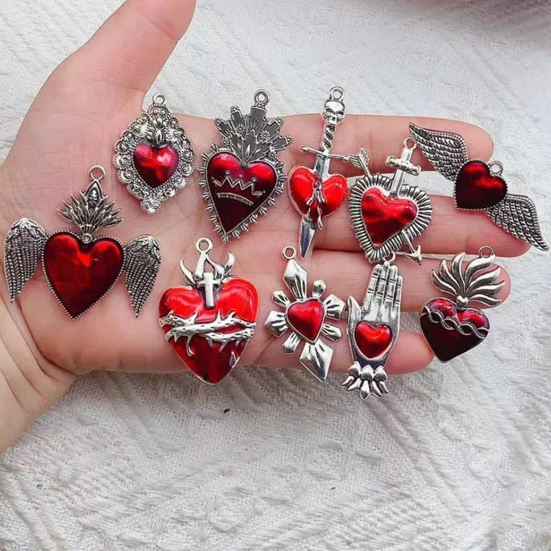 10pcs Mixed Silver Plated Enamel New Gothic Style Sacred Heart Alloy Pendant DIY Charms Earrings Necklace Jewelry Crafts Making