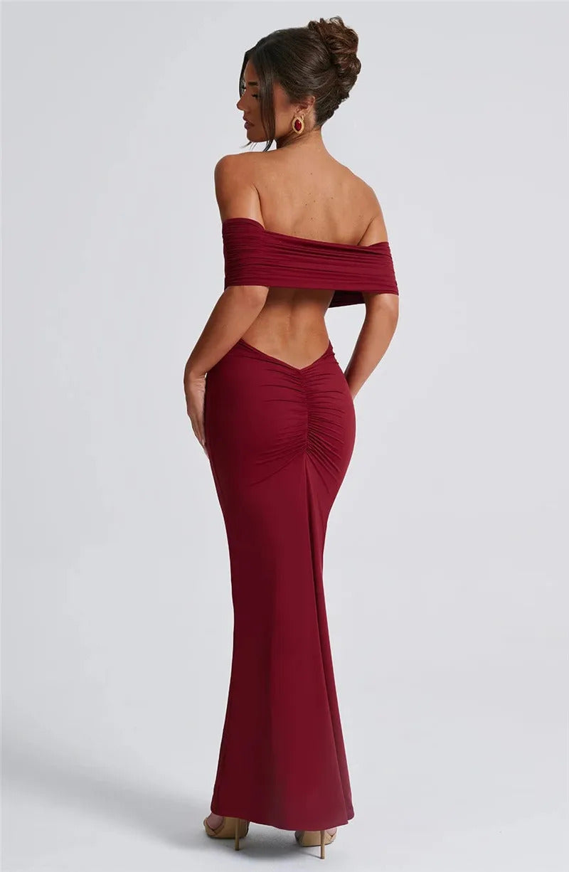 Mozision Strapless Backless Sexy Maxi Dress For Women Black Solid Off-shoulder Sleeveless Bodycon Club Party Long Dress Elegant