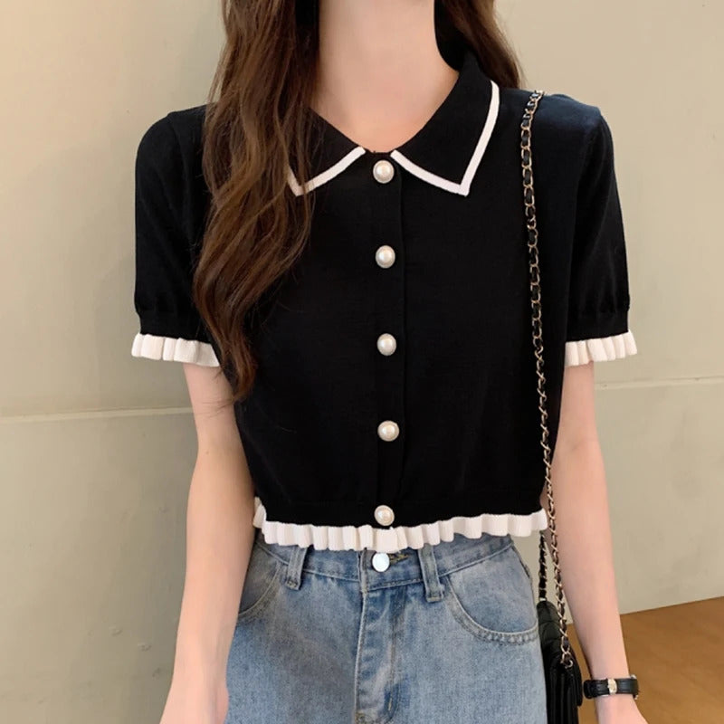 Sweet Women Shirt Korean Knitted Turn Down Collar Chic Short Sleeve Female Blouse Summer Retro Slim All Match Ladies Crop Tops