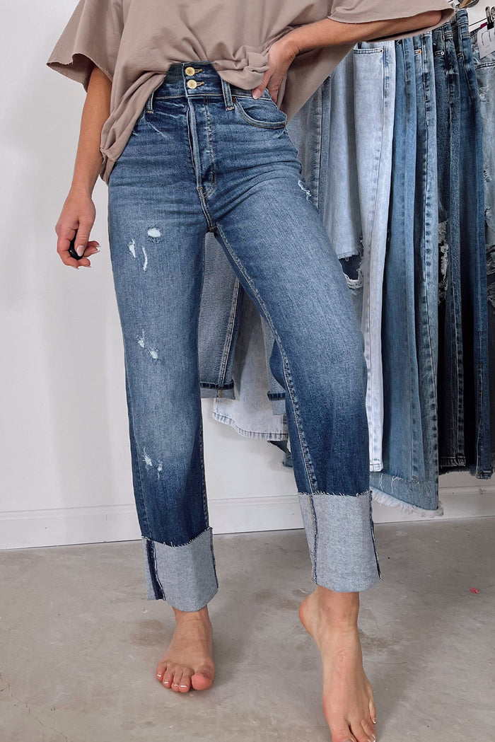 Blue High Waist Distressed Straight Leg Jeans