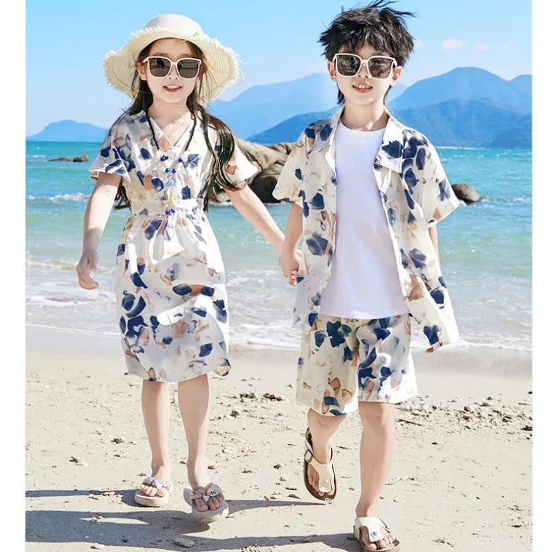 2024 Summer Holiday Family Vacation Look Clothes Dad and Son Shirts Two Piece Outfits Sets Mom and Daughter Short Sleeve Dress