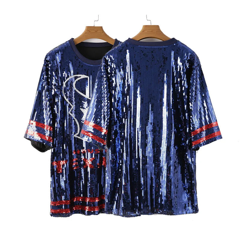 Blue Texan Game Day Sequin Shirt Jersey Dress