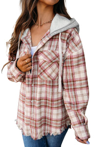 Multicolour Plaid Flap Pocket Hooded Raw Hem Jacket