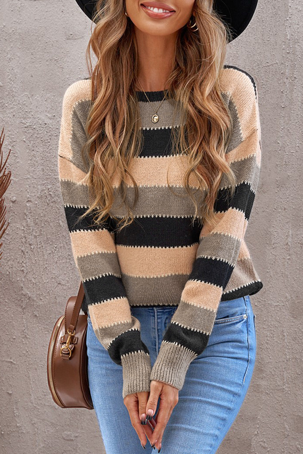 Brown Drop-Shoulder Sleeve Striped Patchwork Pullover Sweater