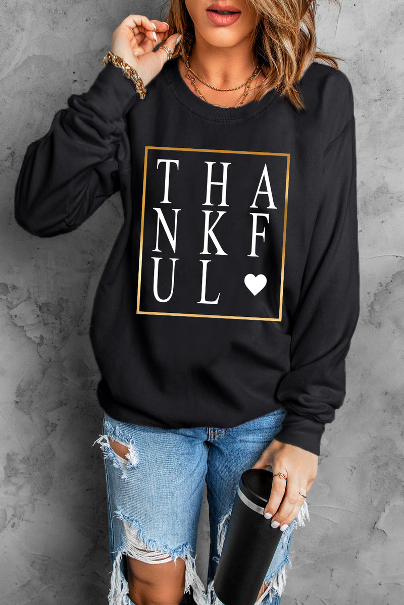 Black THANKFUL Heart Print Long Sleeve Sweatshirt