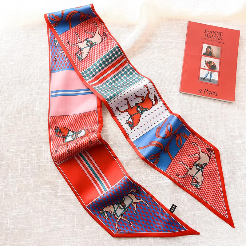 Long Silk Scarf Bag Tie Lady Neck Skinny Scarves Hairband Foulard Horse Print Brand Lady Neckerchief Ribbon 2021 Spring New