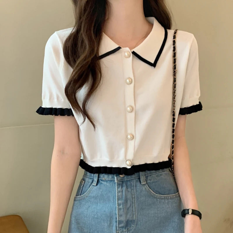 Sweet Women Shirt Korean Knitted Turn Down Collar Chic Short Sleeve Female Blouse Summer Retro Slim All Match Ladies Crop Tops