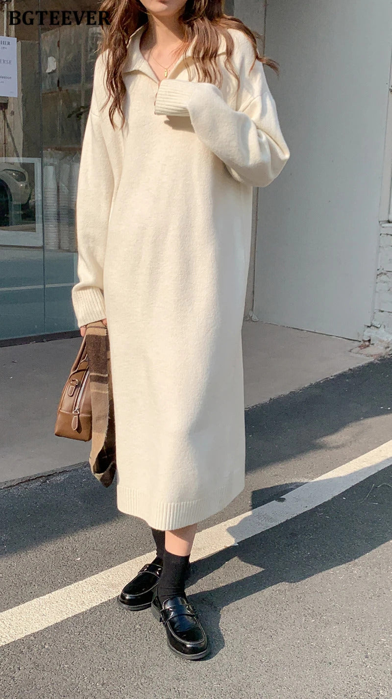 BGTEEVER Casual Thicken Warm Loose Sweater Dress Women Autumn Winter Lapel Full Sleeve Solid Long Knitted Dress Female vestidos