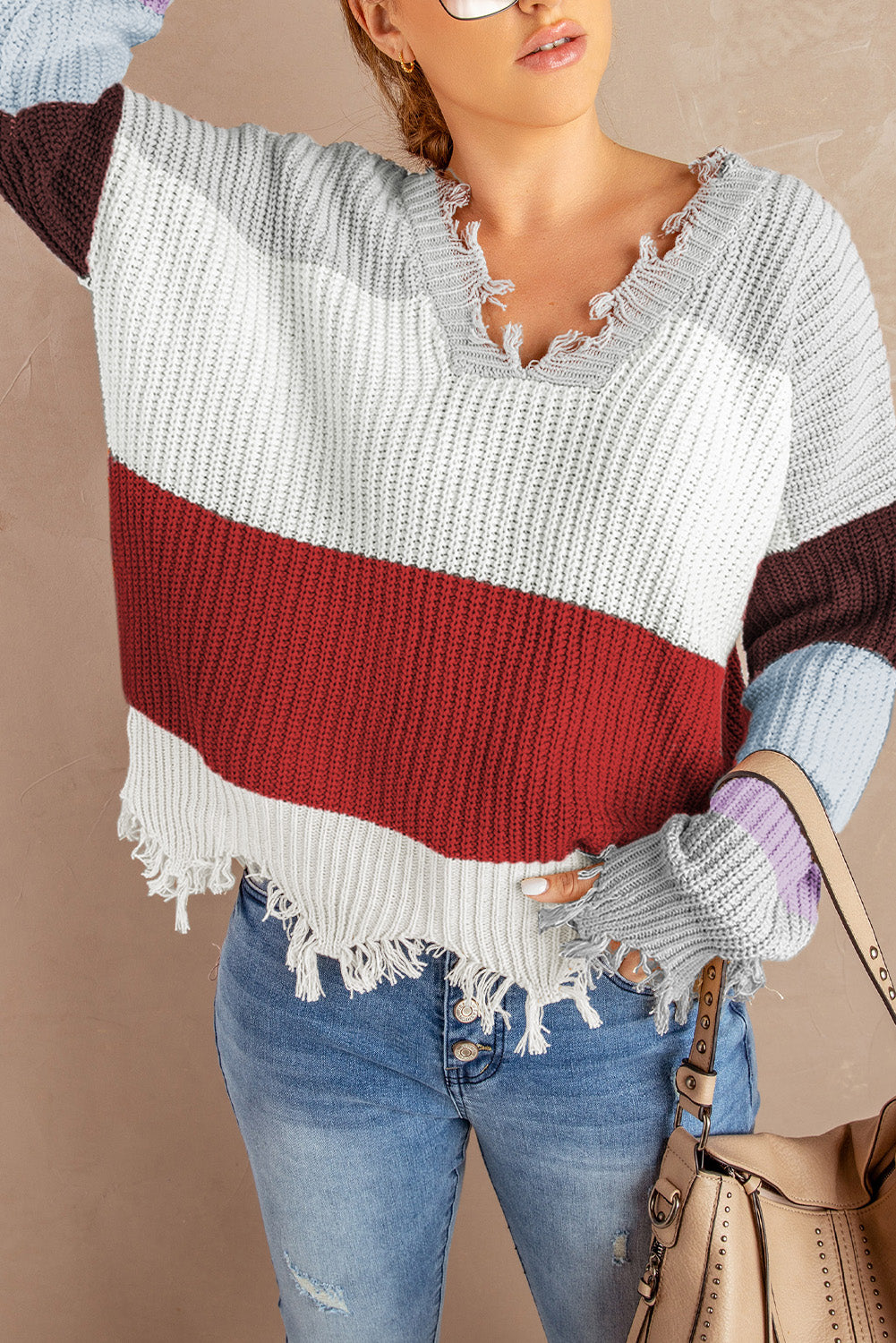 Gray Colorblock Distressed Sweater